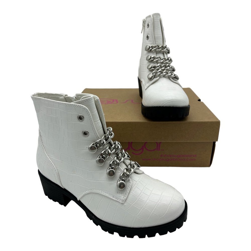 Sugar‎ Womens Obvi Combat Boots White Crocodile Chains Ankle Block Zip 7 M New